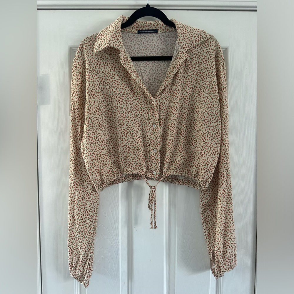 Brandy Melville floral 70s style bell sleeve ivory cream blouse size women M